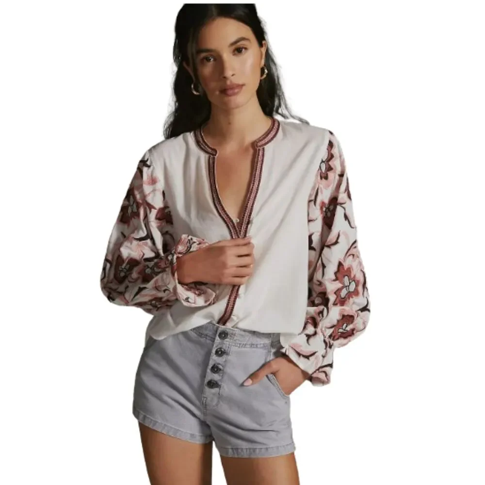 Anthropologie LP Embroidered Floral Balloon Sleeve Boho Blouse White Pink